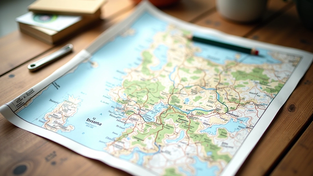 Roztažená papírová topografická mapa s poznámkami, tužka, měřítko a kompas na dřevěném stole